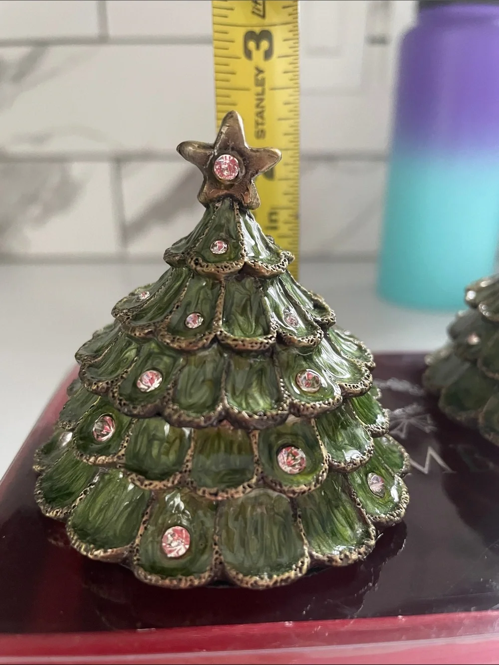 The Bombay Company Vintage Set of 2 XmasTree Metal Enamel & Rhinestone Tealites